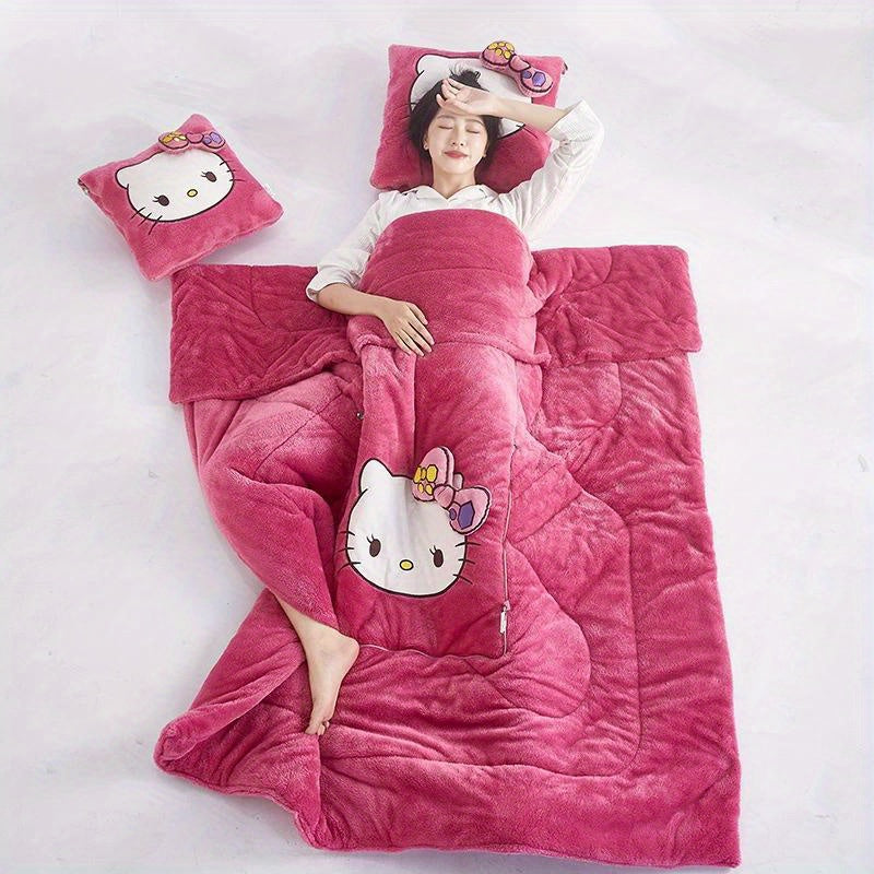 Kit Sanrio Hello Kitty 2 en 1 - Coussin et Couverture, Coussin de Si¨¨ge, Couverture et Tapis pour Climatisation de Voiture, Couverture Portable et Oreiller de Voyage - Cadeaux pour Anniversaire, Saint-Valentin, F¨ºte des M¨¨res