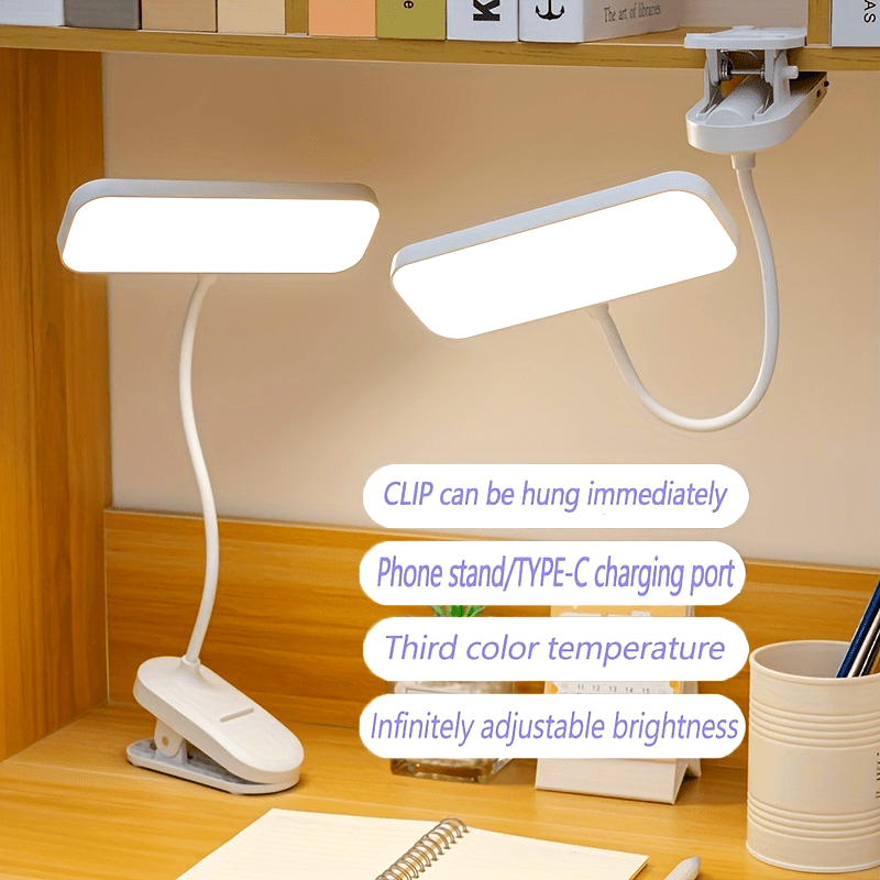 Dimmable LED Clamp Desk Lamp, Touch Control Clip-On Light with Adjustable Brightness, Color Changing, USB\u002FBattery Dual Power, Rechargeable 800mAh Lithium, Indoor Use for Home, Dormitory, Reading, Bedside - White
