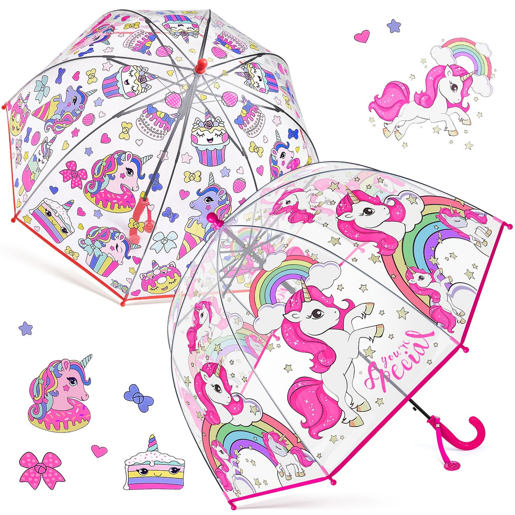 2pcs Parapluies ¨¤ Bulles Licorne, Ouverture Automatique, 8 Barres, Manche en Fibre de Carbone & PE, Auvent en PVC Hydrofuge, Manche Courb¨¦ Facile ¨¤ Tenir pour Gar?ons et Filles