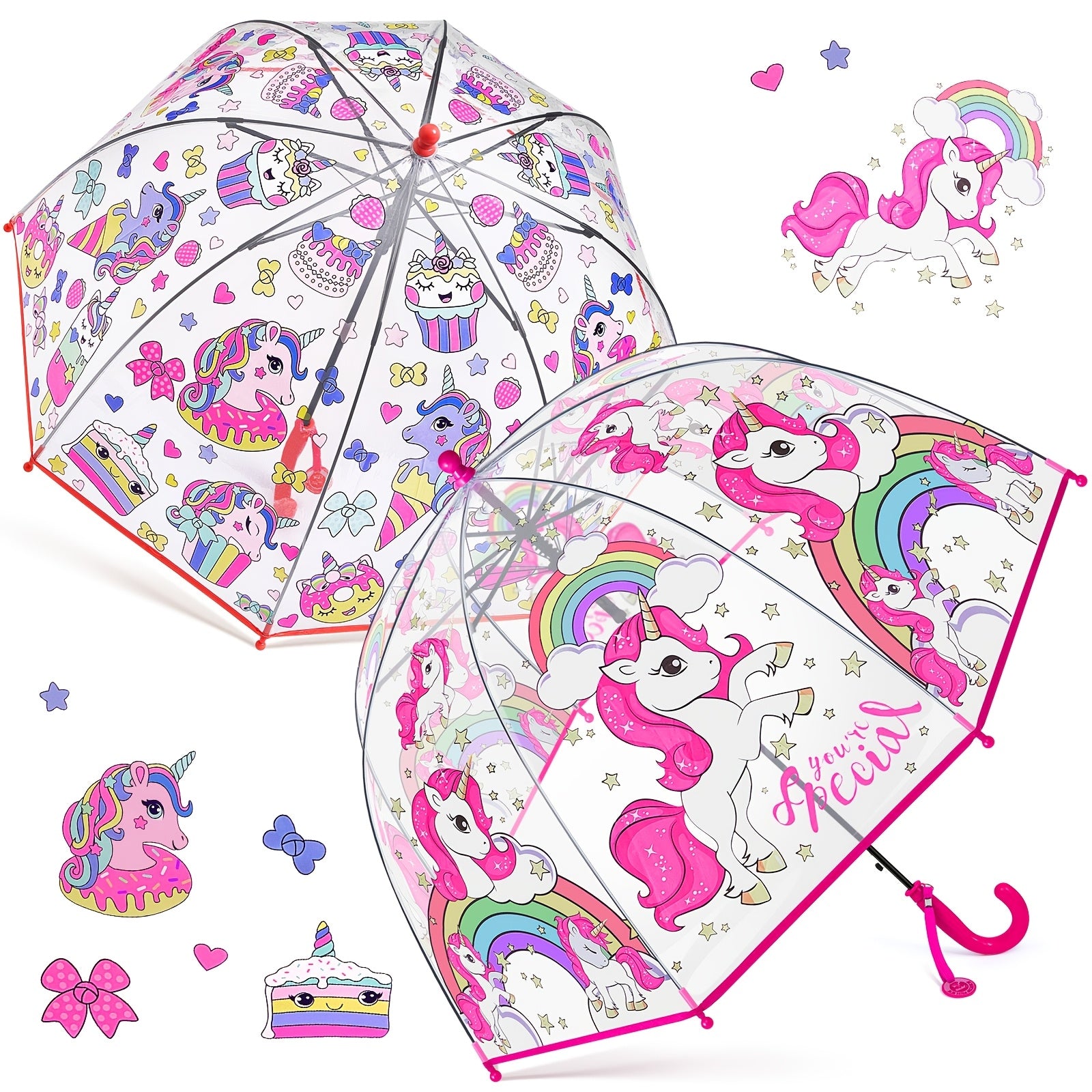 2pcs Parapluies ¨¤ Bulles Licorne, Ouverture Automatique, 8 Barres, Manche en Fibre de Carbone & PE, Auvent en PVC Hydrofuge, Manche Courb¨¦ Facile ¨¤ Tenir pour Gar?ons et Filles