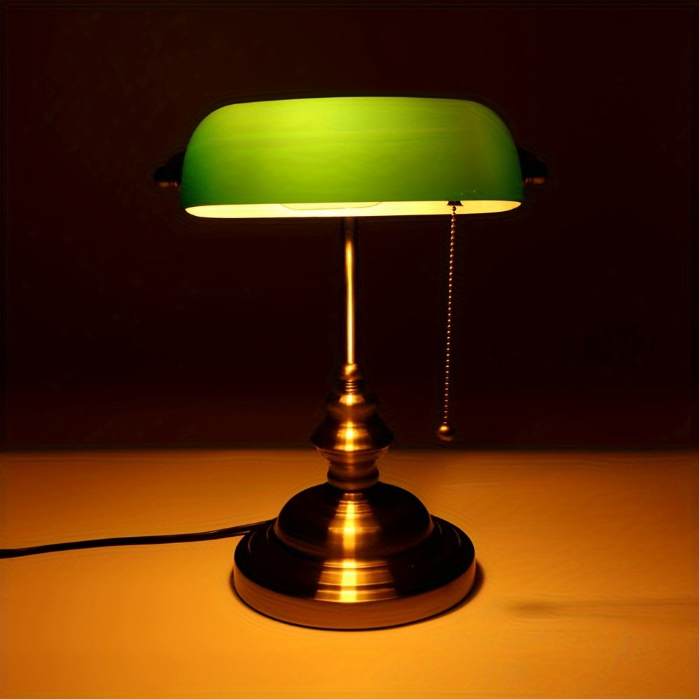 Green Glass Bankers Lamp Desk Lamp Retro Pull Chain Switch Table Lamp Bronze Finish Base E26 Plug in Fixture Office Lamp for Home Office Workplace Library Piano