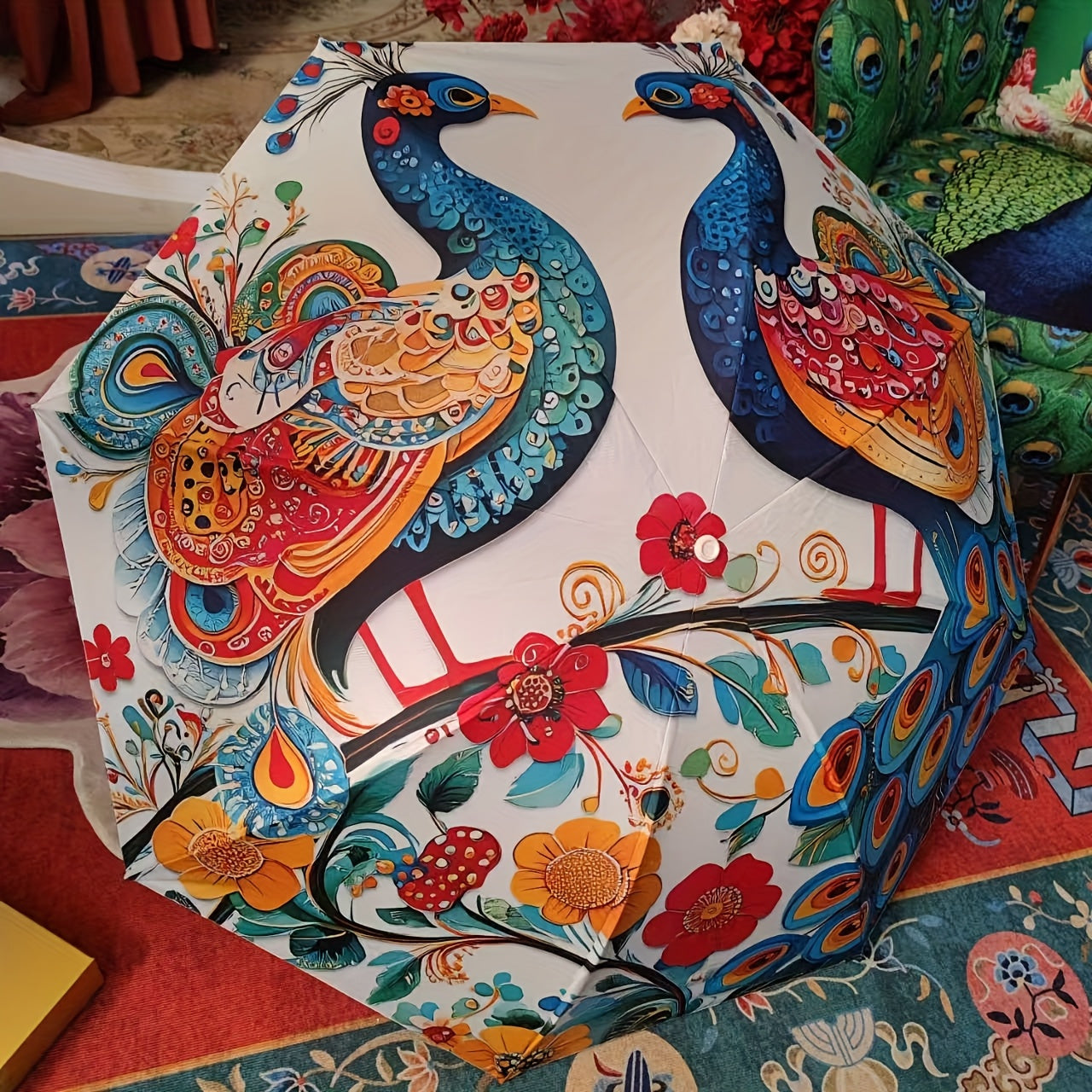 Parapluie pliant motif paon color¨¦ avec protection UV - Compact, l¨¦ger et r¨¦sistant pour soleil ou pluie - Design floral rouge, blanc, bleu, vert, jaune et orange - Ouverture manuelle, 8 baleines en acier