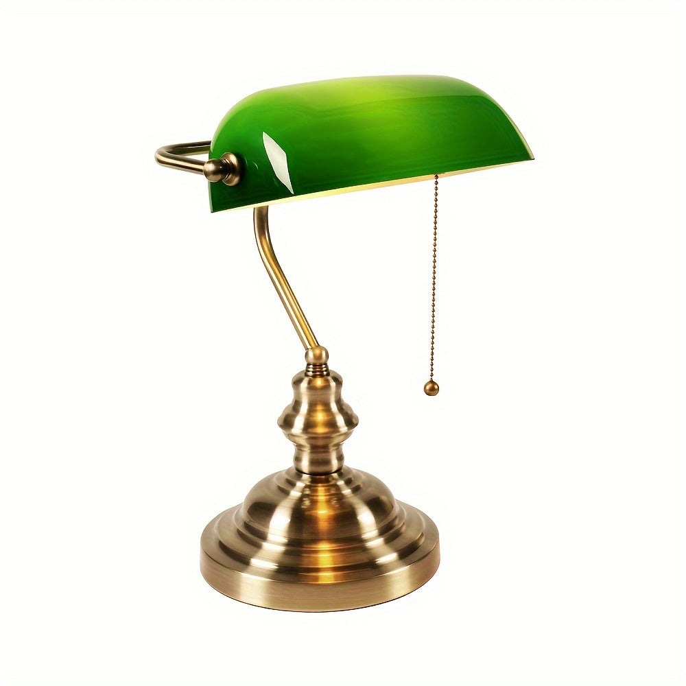 Green Glass Bankers Lamp Desk Lamp Retro Pull Chain Switch Table Lamp Bronze Finish Base E26 Plug in Fixture Office Lamp for Home Office Workplace Library Piano