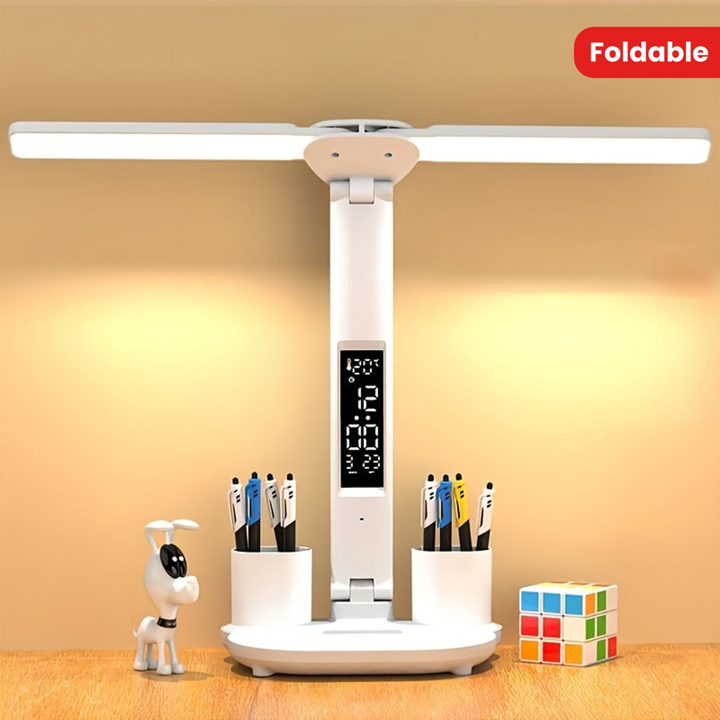 1pc Table Lamp, LED Double-headed Multifunction Foldable Touch With Calendar Clock USB Desk Lamp, For Bedroom Bedside Reading Light (with USB Cable)