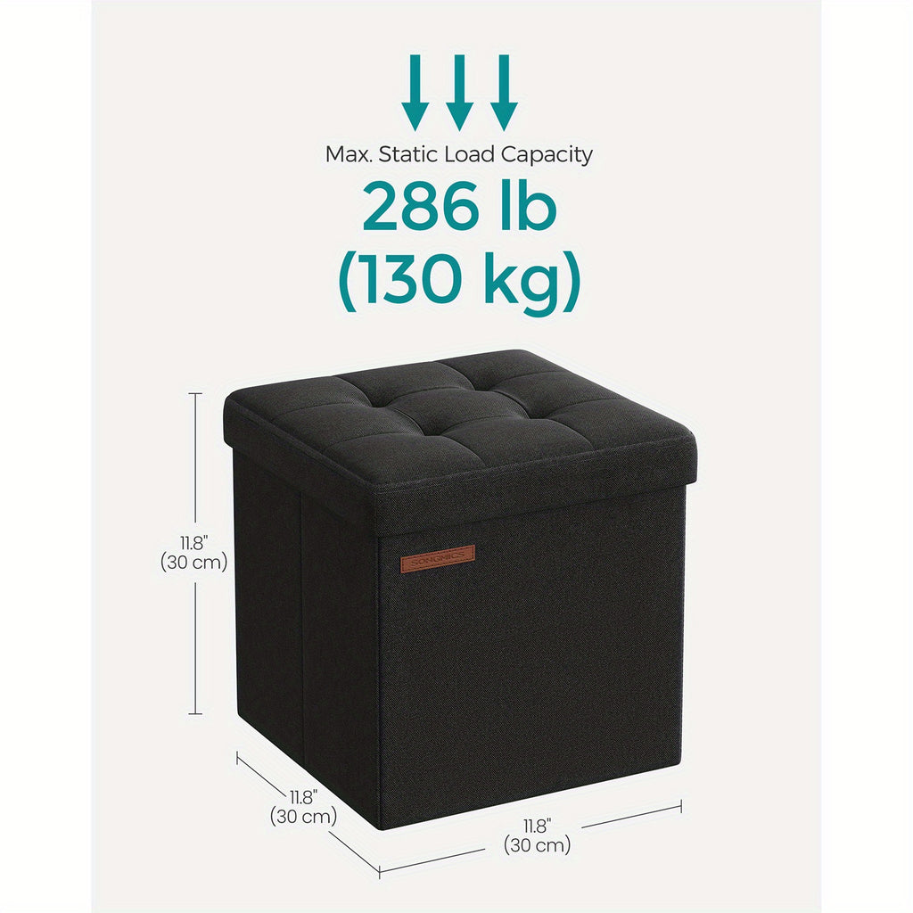 SONGMICS Foldable Storage Ottoman, 11.8 Inch Cube Foot Stool with Sturdy Wooden Frame, Black Compact Footrest for Relaxation and Organization, Supports up to 286 lb