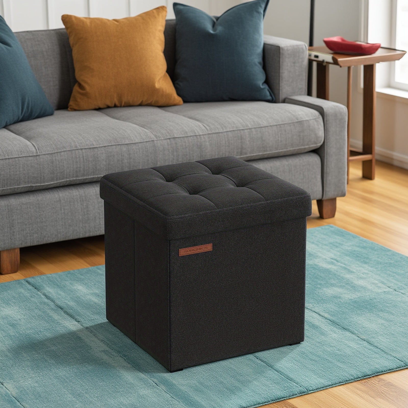 SONGMICS Foldable Storage Ottoman, 11.8 Inch Cube Foot Stool with Sturdy Wooden Frame, Black Compact Footrest for Relaxation and Organization, Supports up to 286 lb
