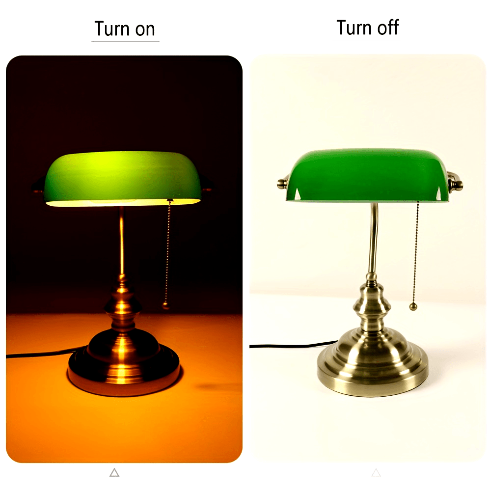 Green Glass Bankers Lamp Desk Lamp Retro Pull Chain Switch Table Lamp Bronze Finish Base E26 Plug in Fixture Office Lamp for Home Office Workplace Library Piano
