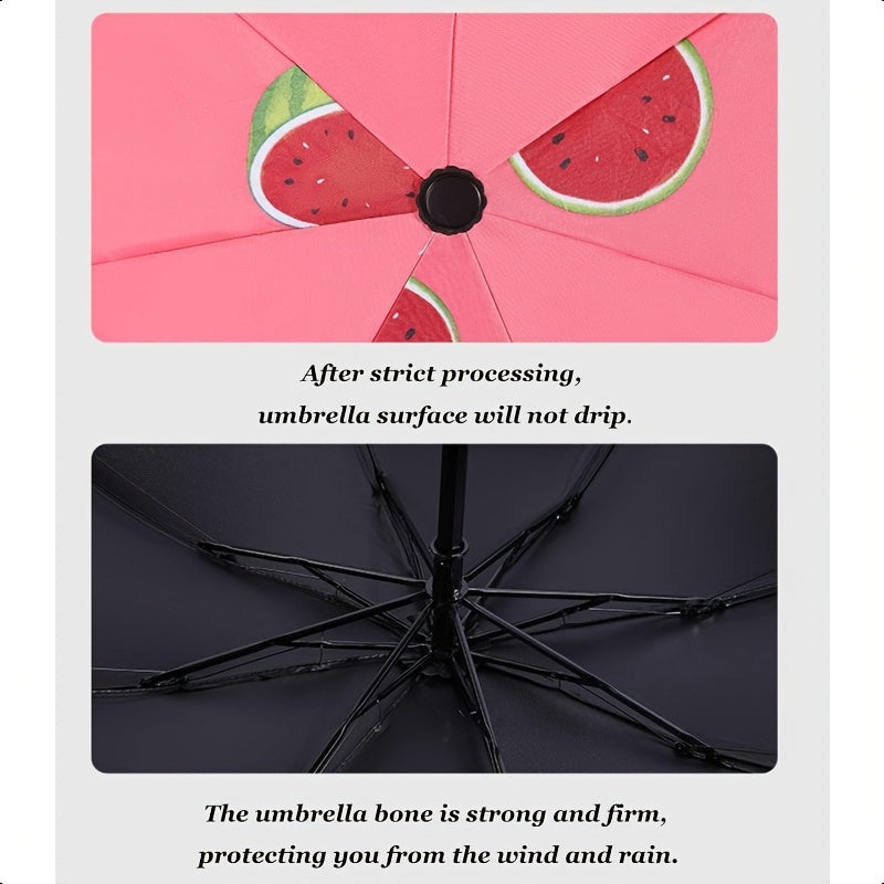 Parapluie pliant compact avec design de tranche de melon - Imperm¨¦able, protection UV, coupe-vent, parapluie de voyage portable avec cadre en m¨¦tal, s¨¦paration s¨¨che\u002Fliquide, ¨¦quipement de pluie compact, favori des ¨¦tudiants, parapluie mignon