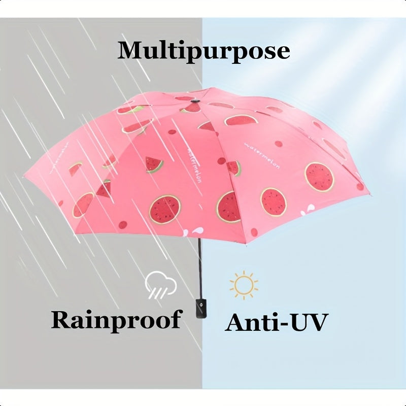 Parapluie pliant compact avec design de tranche de melon - Imperm¨¦able, protection UV, coupe-vent, parapluie de voyage portable avec cadre en m¨¦tal, s¨¦paration s¨¨che\u002Fliquide, ¨¦quipement de pluie compact, favori des ¨¦tudiants, parapluie mignon
