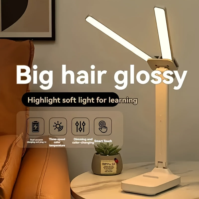 LED Dual-Headed Multifunctional Folding Desk Lamp for Student Dormitory, Study and Reading Light, Touch Charging Plug-in Small Night Light, Bedside Lamp