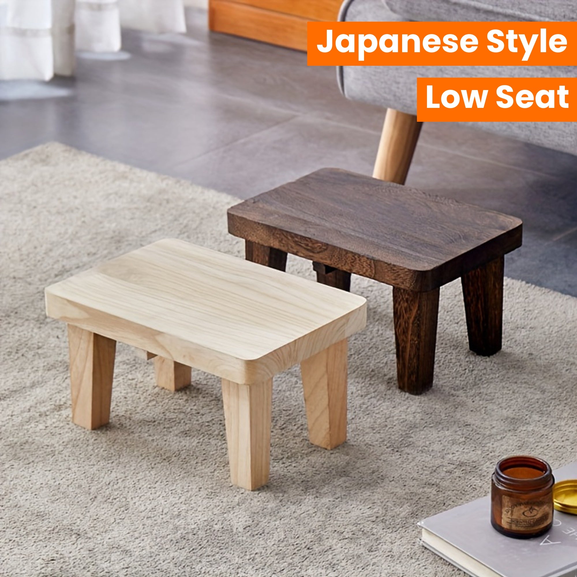 1pc Solid Wood Retro Square Stool - Japanese Style Low Seat, Footstool for Living Room and Bedroom, No Cushion