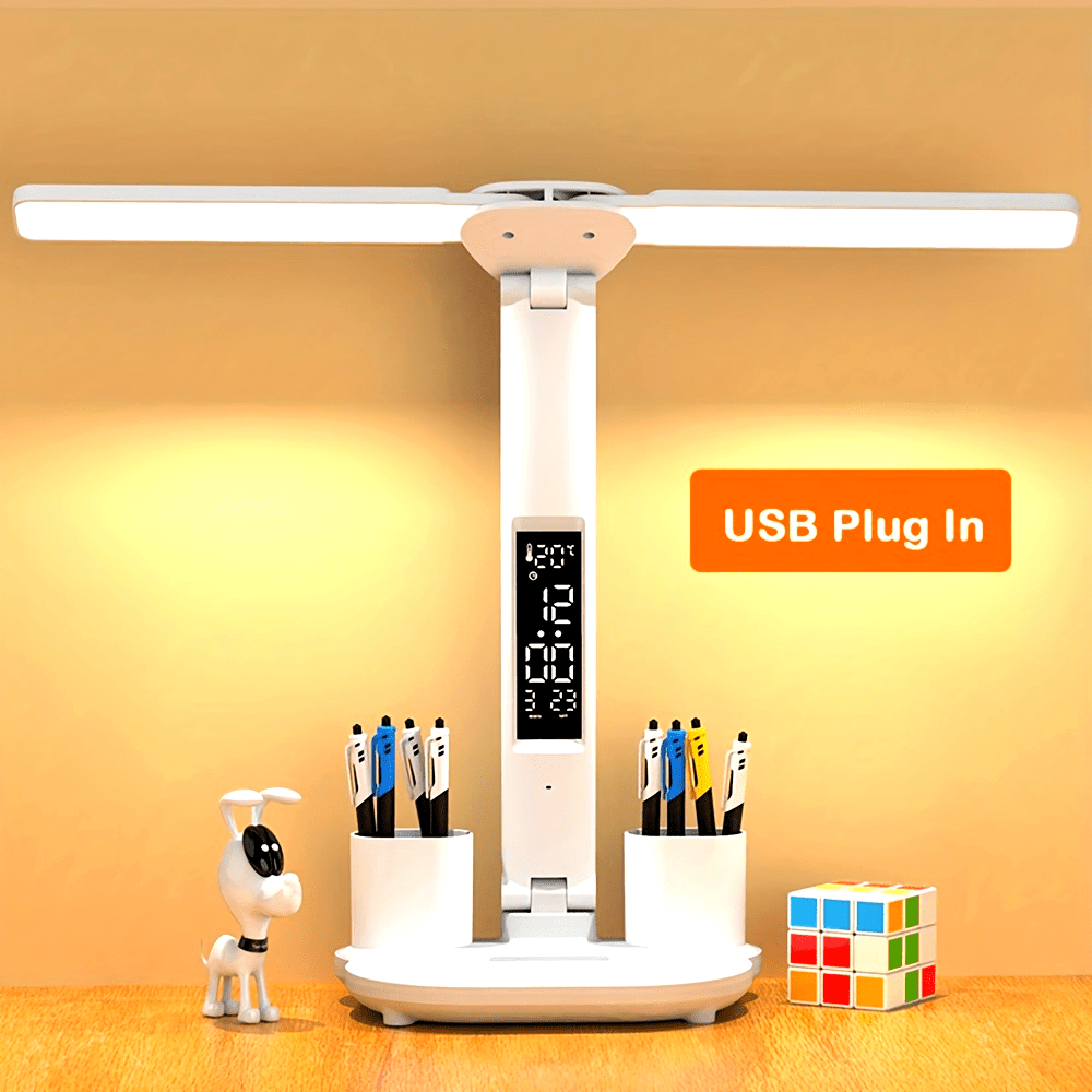 1pc Table Lamp, LED Double-headed Multifunction Foldable Touch With Calendar Clock USB Desk Lamp, For Bedroom Bedside Reading Light (with USB Cable)