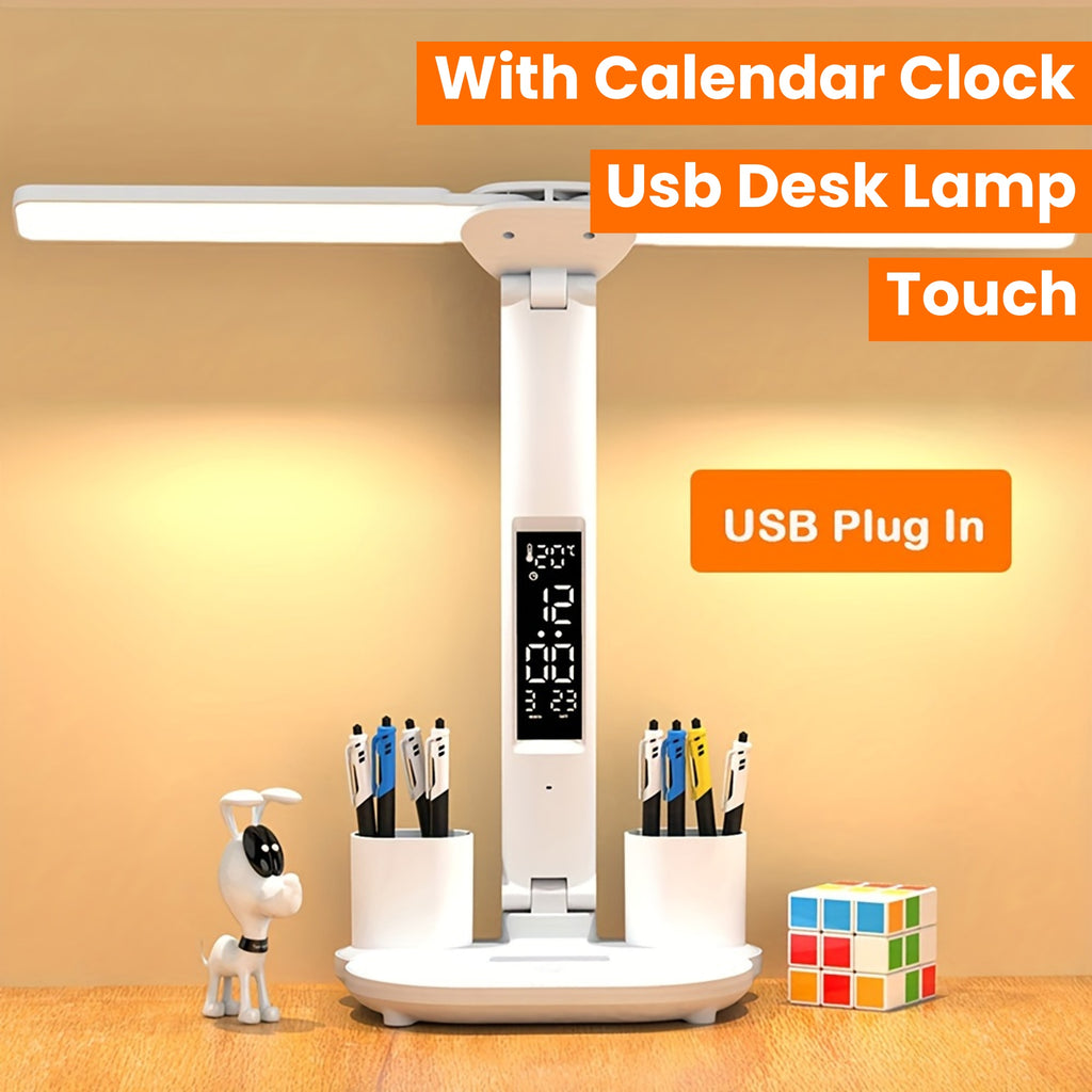 1pc Table Lamp, LED Double-headed Multifunction Foldable Touch With Calendar Clock USB Desk Lamp, For Bedroom Bedside Reading Light (with USB Cable)